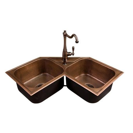 Hammered Copper Double-Bowl Drop-in Corner Sink