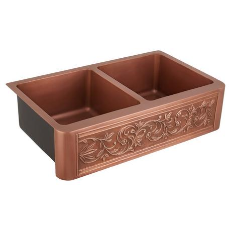 36" Vine Design Double-Bowl Copper Farmhouse Sink