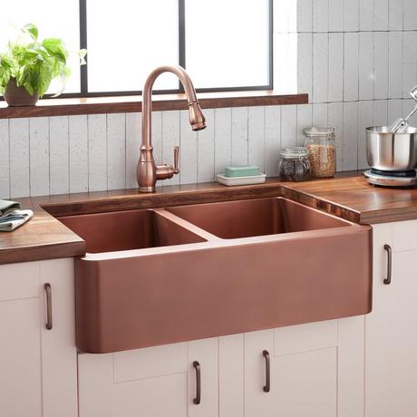 33" Aberdeen 60/40 Offset Double-Bowl Copper Farmhouse Sink - Small Bowl Left