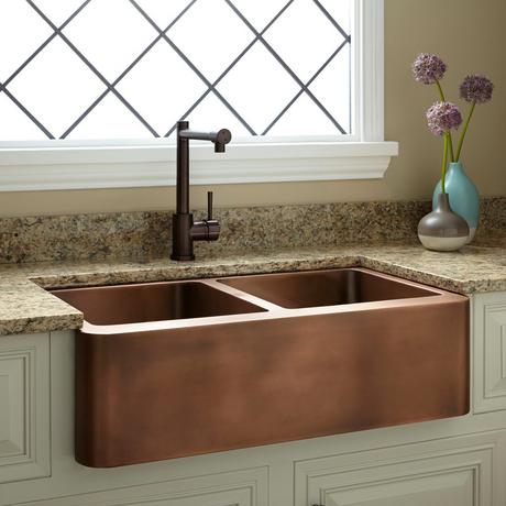 35" Aberdeen Double-Bowl Copper Farmhouse Sink