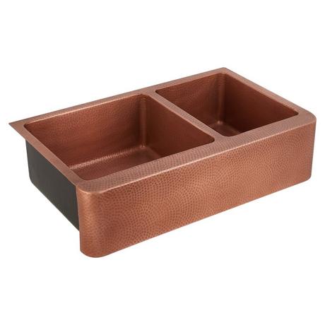 36" Tegan 70/30 Offset Double-Bowl Hammered Copper Farmhouse Sink - Small Bowl Right