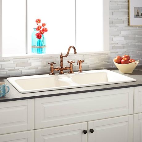43" Selkirk Double-Bowl Cast Iron Drop-in Kitchen Sink - 8" Widespread - Biscuit
