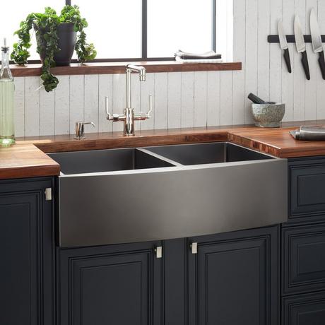 33" Atlas Double-Bowl Stainless Steel Farmhouse Sink - Curved Apron - Gunmetal Black