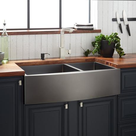33" Atlas 60/40 Offset Double-Bowl Stainless Steel Farmhouse Sink - Curved Apron - Gunmetal Black
