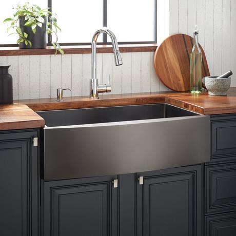 36" Atlas Stainless Steel Farmhouse Sink - Curved Apron - Gunmetal Black