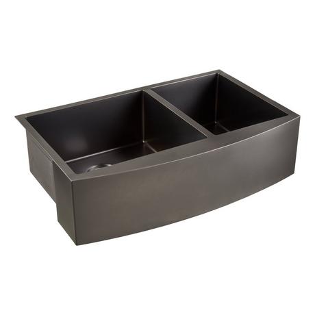 36" Atlas 60/40 Offset Double-Bowl Stainless Steel Farmhouse Sink - Curved Apron - Gunmetal Black