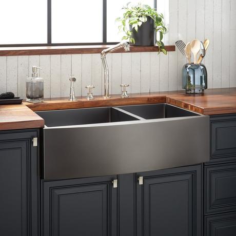 36" Atlas 60/40 Offset Double-Bowl Stainless Steel Farmhouse Sink - Curved Apron - Gunmetal Black