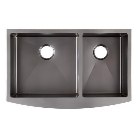 36" Atlas 60/40 Offset Double-Bowl Stainless Steel Farmhouse Sink - Curved Apron - Gunmetal Black