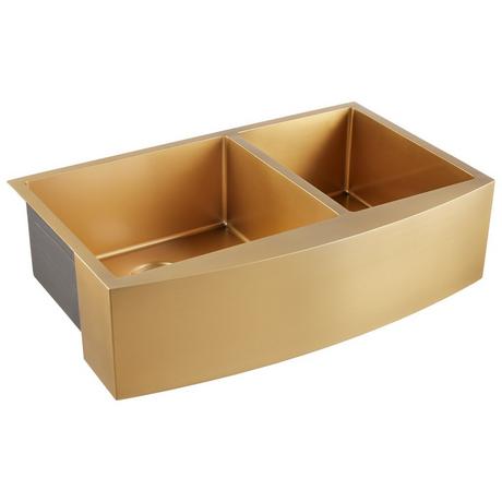 36" Atlas 60/40 Offset Double-Bowl Stainless Steel Farmhouse Sink - Curved Apron - Matte Gold