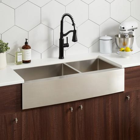 42" Fournier 60/40 Offset Double-Bowl Stainless Steel Farmhouse Sink - Curved Apron