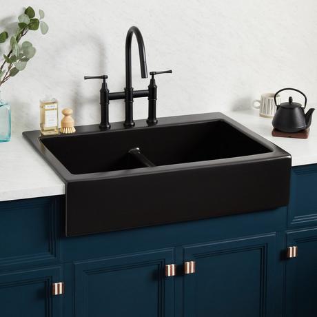 34" Galion Double-Bowl Fireclay Retrofit Farmhouse Sink - Matte Black