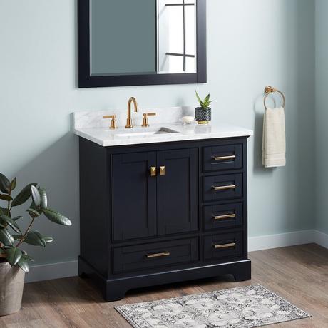 36" Quen Vanity With Left Offset Rectangular Undermount Sink - Midnight Navy Blue