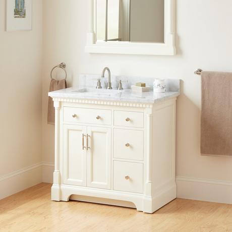 36" Claudia Vanity - White with Left Offset Rectangular Undermount Sink - Carrara Marble Widespread