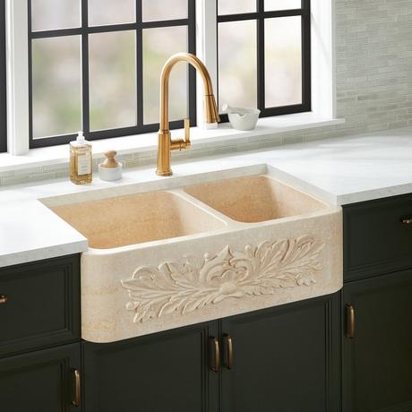 36" Silbury Ivy 60/40 Offset Double Bowl Marble Farmhouse Sink - Egyptian Cream