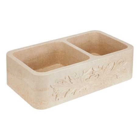 36" Silbury Ivy 60/40 Offset Double Bowl Marble Farmhouse Sink - Egyptian Cream