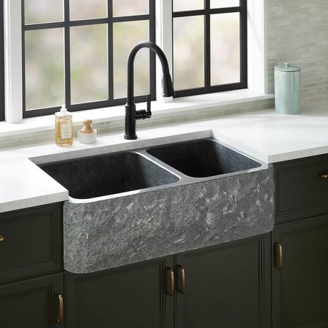 36" Finbrook Chiseled 60/40 Offset Double Bowl Granite Farmhouse Sink - Blue Gray