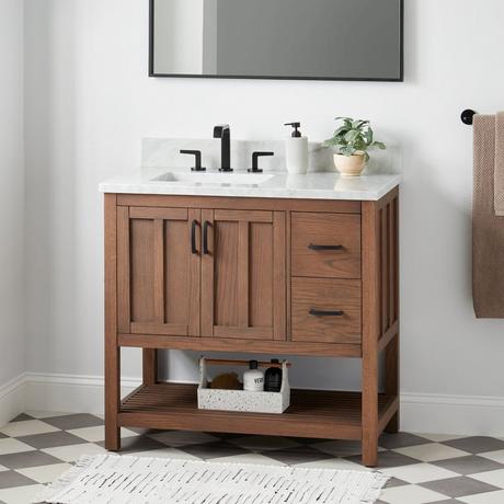 36" Ansbury Console Vanity with Left Offset Rectangular Undermount Sink - Homestead Oak-Carrara - 8"