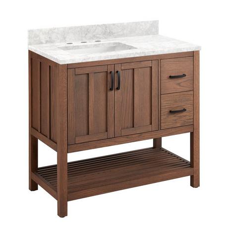 36" Ansbury Console Vanity with Left Offset Rectangular Undermount Sink - Homestead Oak-Carrara - 8"